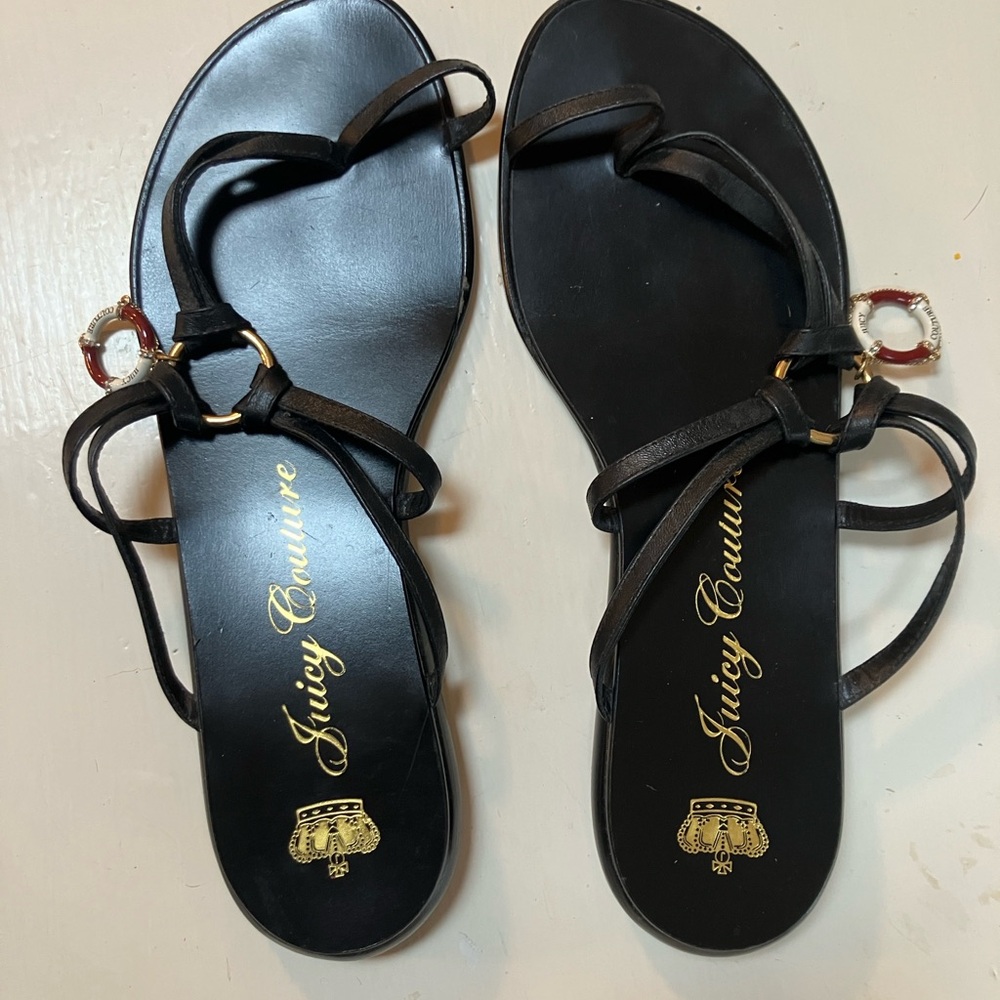 Juicy Couture Black Flat Strappy Sandals with Gold Accents